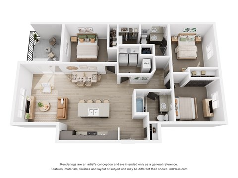 A 3D floor plan of a house with a kitchen, living room, and bedrooms.